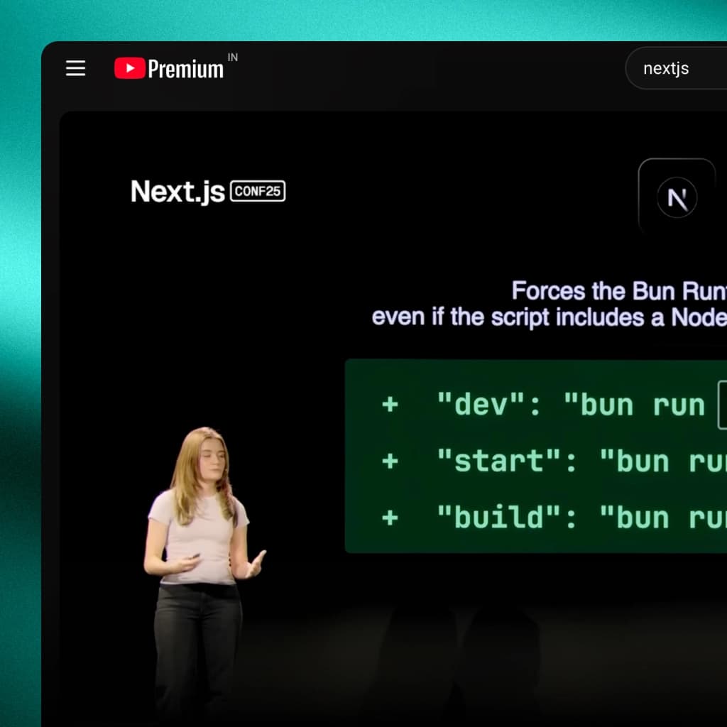 YouTube video of a Next.js Conf talk paused on a slide showing Bun runtime configuration code