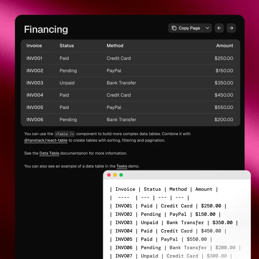 Side-by-side view of a financing table on screen and a clean Markdown table version of the same content rendered in a code editor