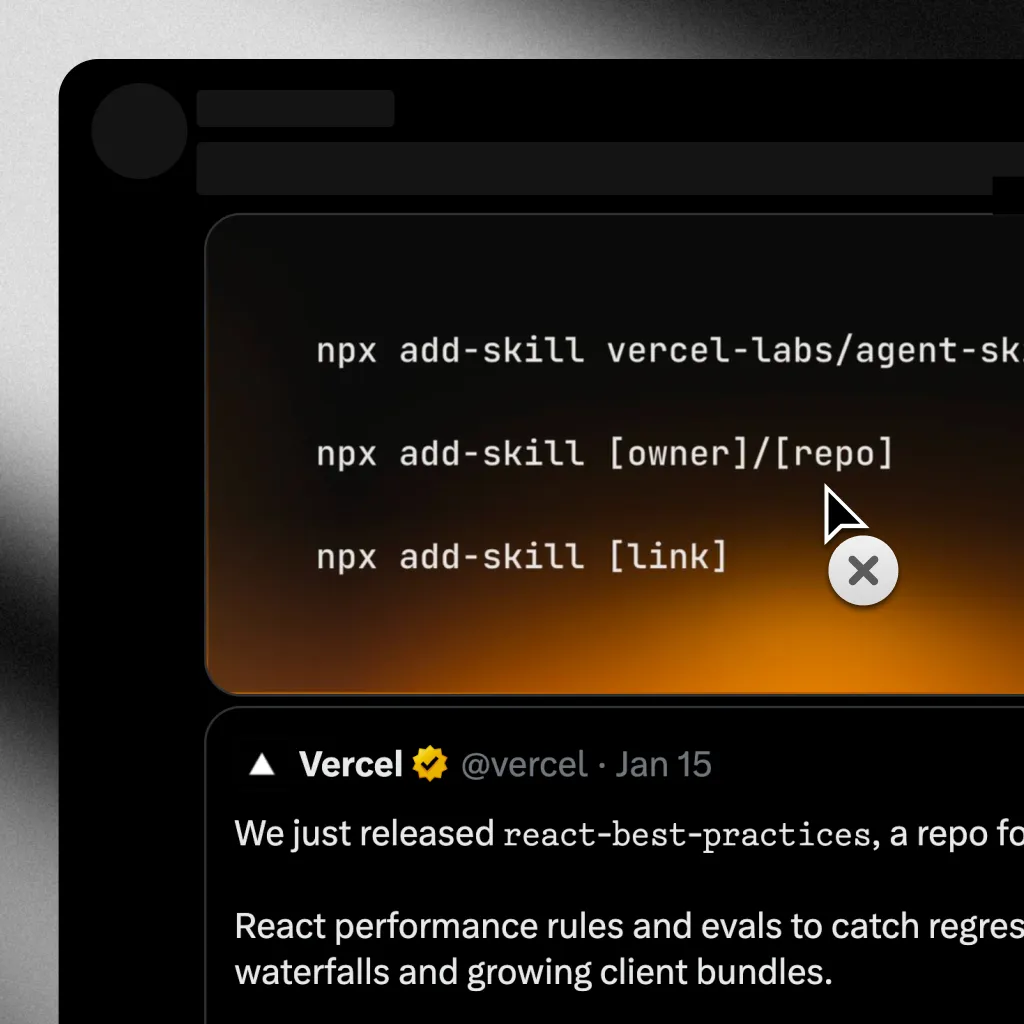 Terminal window with npx commands and a Vercel tweet, showing unselectable text across different surfaces