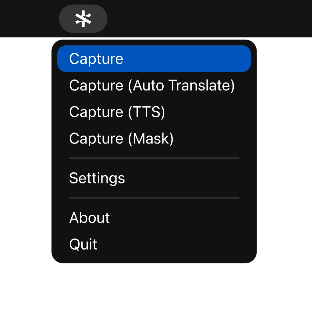 Selectable menu bar dropdown showing Capture, Auto Translate, TTS, and Mask options