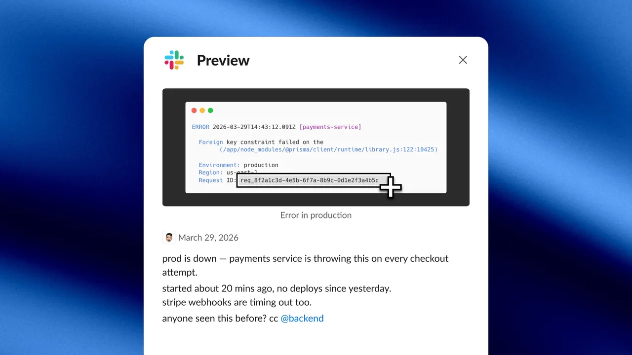 Selectable capturing a request ID from an error log screenshot shared in a Slack thread
