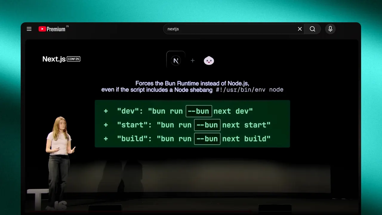 Paused YouTube video of a Next.js Conf talk showing Bun runtime code on the presenter's slide