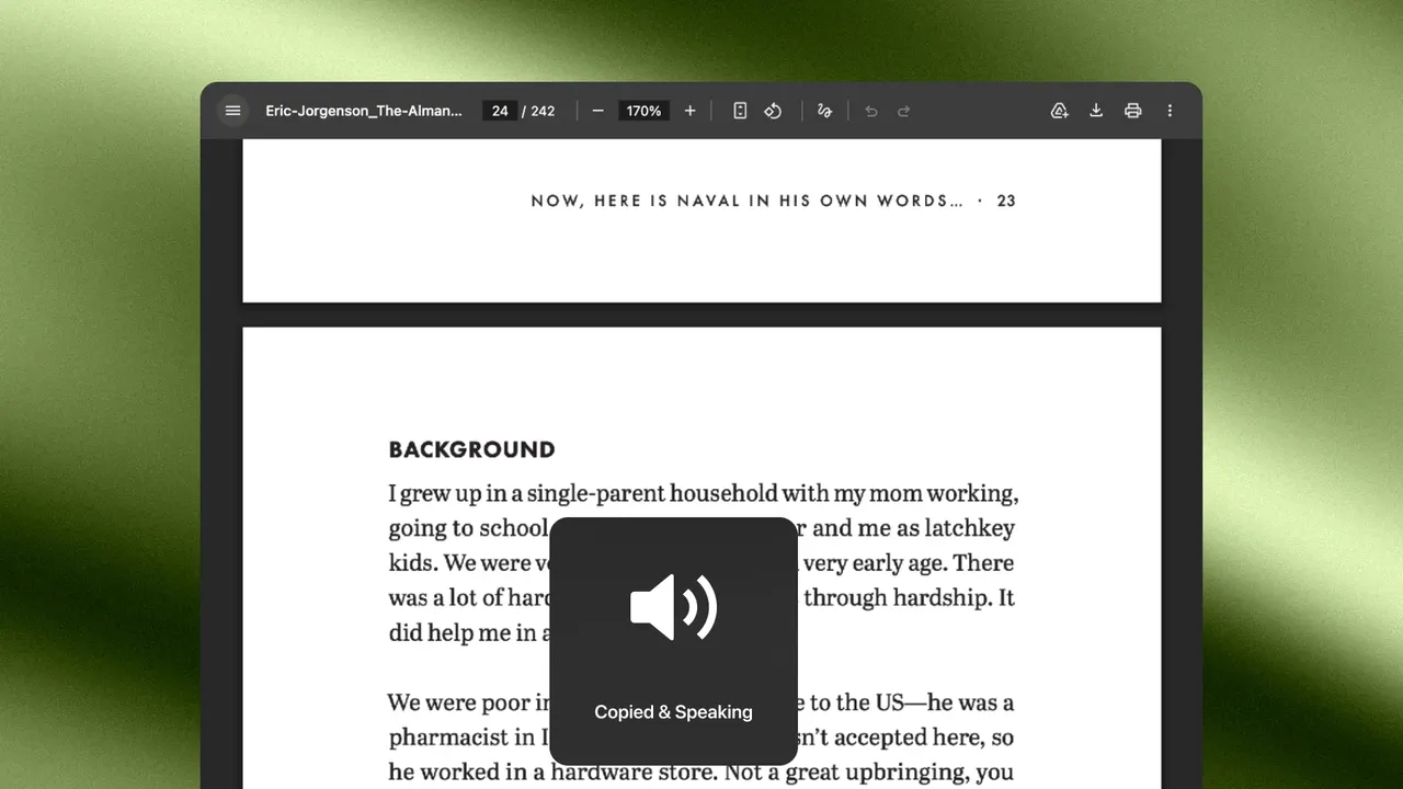 PDF book page with Selectable's Copied and Speaking notification overlay after capturing text to read aloud