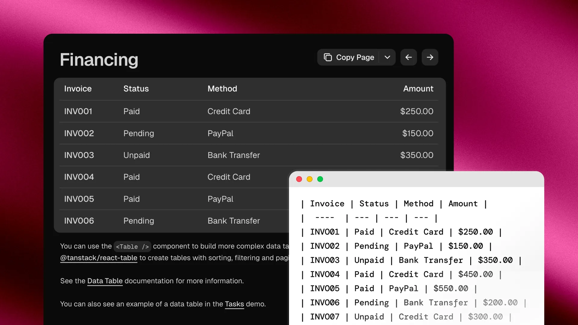 Side by side view: a financing table rendered on screen on the left, and the same table reformatted as clean Markdown rows on the right inside a code editor