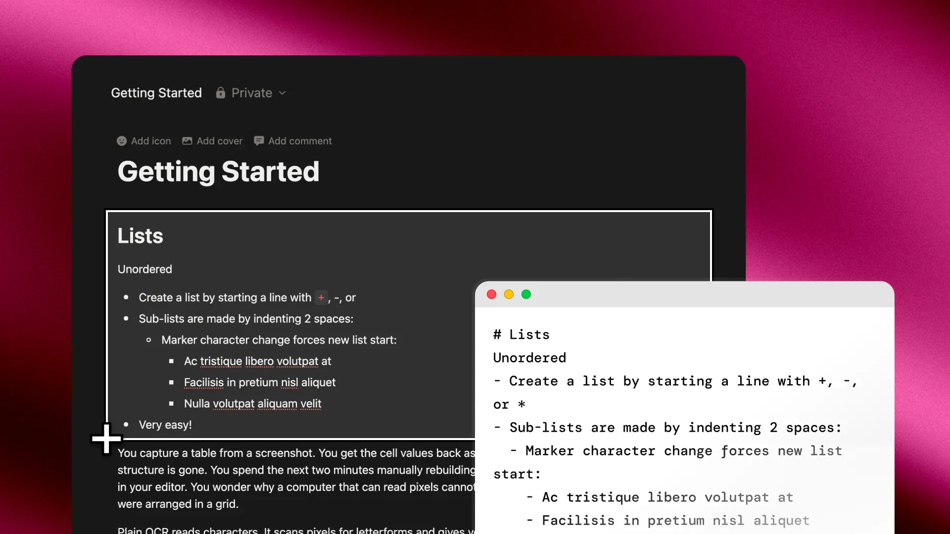 Nested bulleted list captured from a Notion document, with the indentation preserved across three levels in the resulting Markdown